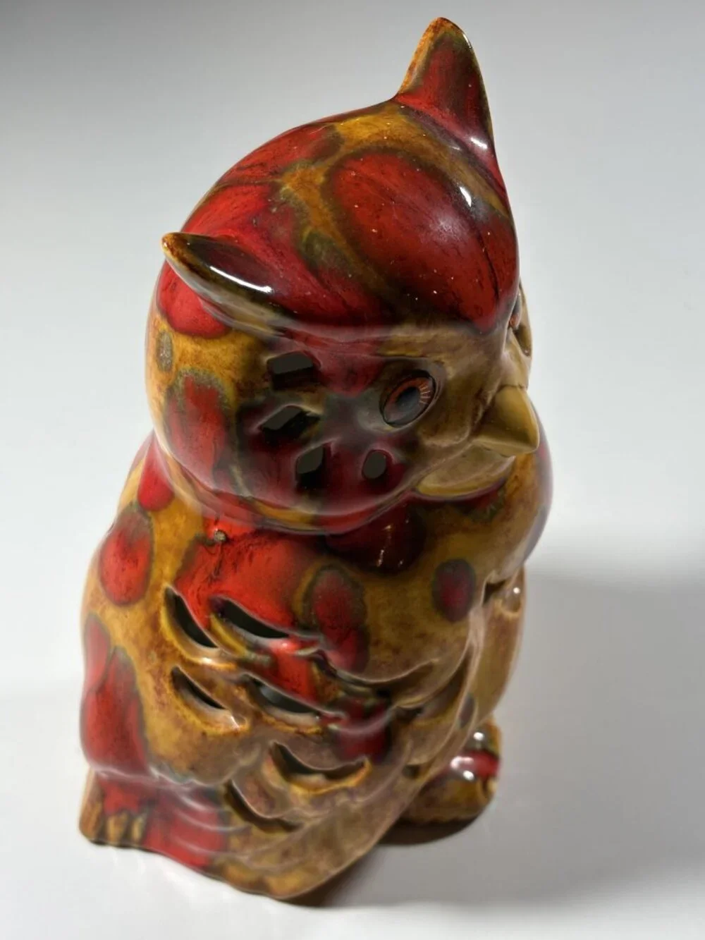 Vintage Ceramic Owl Tea Light Holder Handcrafted Red Brown Glazed Luminary 7" - Picture 7 of 10